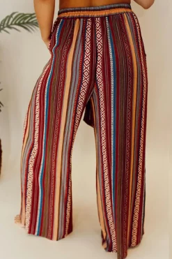 Outlet Dear-Lover Boho Ethnic Striped Print Tie Waist Wide Leg Pants Red