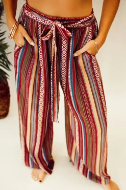 Outlet Dear-Lover Boho Ethnic Striped Print Tie Waist Wide Leg Pants Red