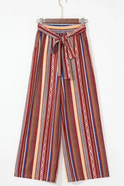 Outlet Dear-Lover Boho Ethnic Striped Print Tie Waist Wide Leg Pants Red