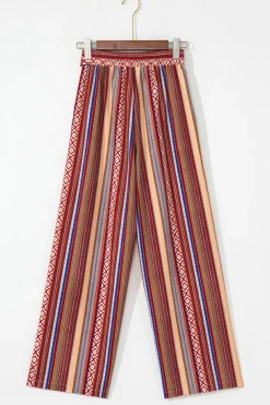 Outlet Dear-Lover Boho Ethnic Striped Print Tie Waist Wide Leg Pants Red