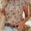 New Dear-Lover Boho Floral Frilled Button Neck Ruffle Short Sleeve Blouse Red