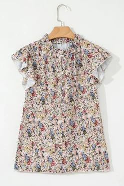 New Dear-Lover Boho Floral Frilled Button Neck Ruffle Short Sleeve Blouse Red