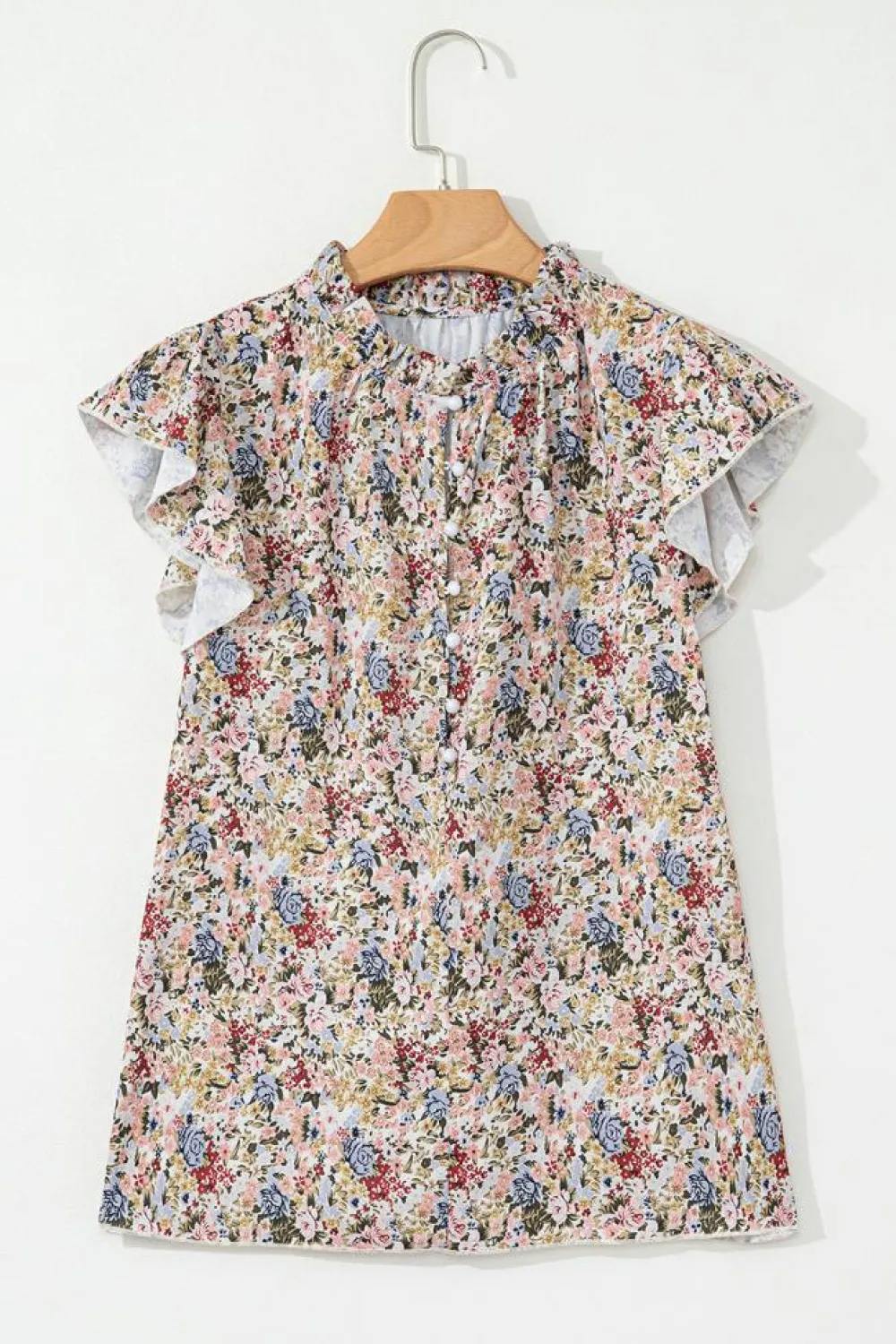 New Dear-Lover Boho Floral Frilled Button Neck Ruffle Short Sleeve Blouse Red