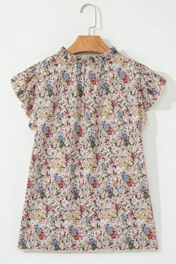 New Dear-Lover Boho Floral Frilled Button Neck Ruffle Short Sleeve Blouse Red