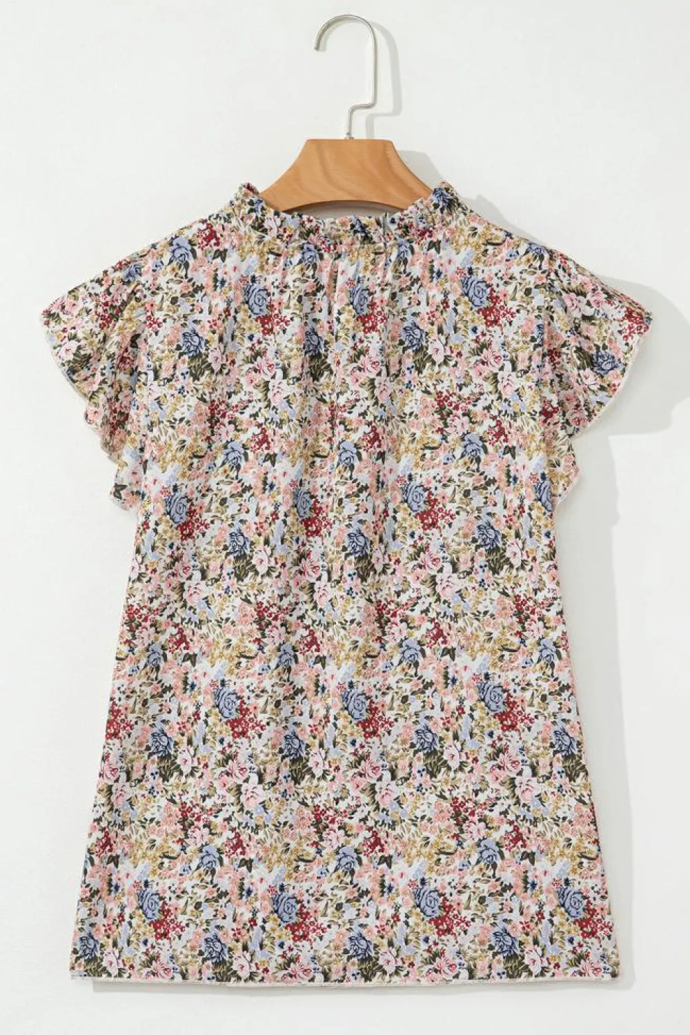 New Dear-Lover Boho Floral Frilled Button Neck Ruffle Short Sleeve Blouse Red