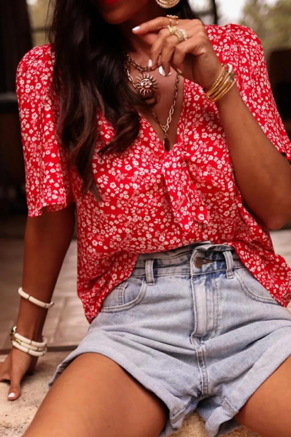 New Dear-Lover Boho Floral Printed Half Sleeve Knotted V Neck Blouse Red