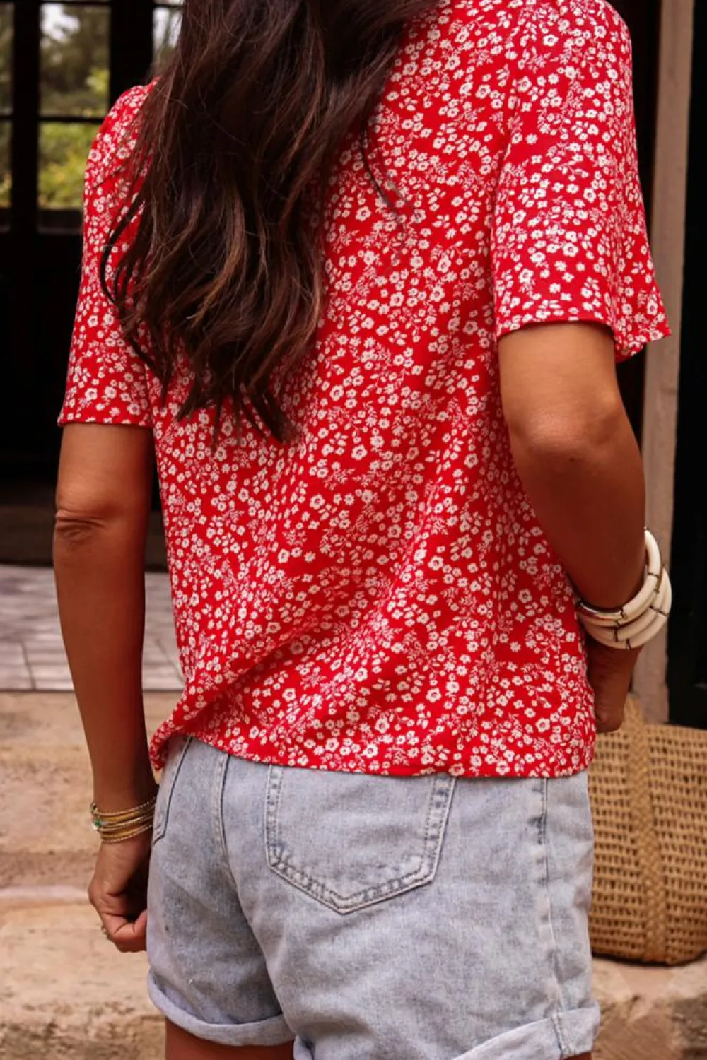 New Dear-Lover Boho Floral Printed Half Sleeve Knotted V Neck Blouse Red