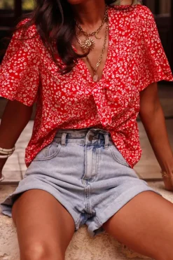 New Dear-Lover Boho Floral Printed Half Sleeve Knotted V Neck Blouse Red