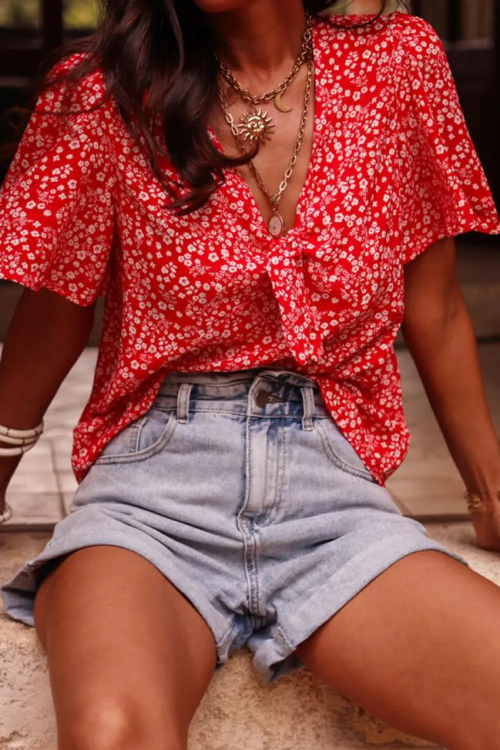 New Dear-Lover Boho Floral Printed Half Sleeve Knotted V Neck Blouse Red