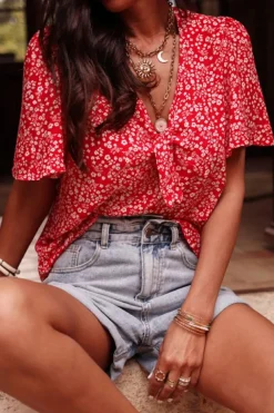 New Dear-Lover Boho Floral Printed Half Sleeve Knotted V Neck Blouse Red
