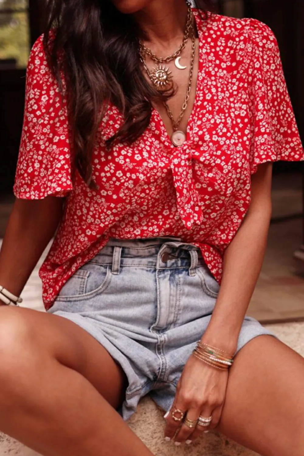 New Dear-Lover Boho Floral Printed Half Sleeve Knotted V Neck Blouse Red
