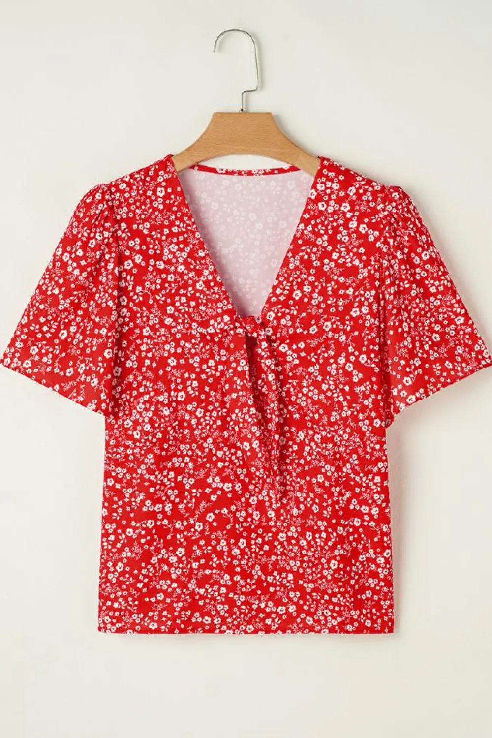 New Dear-Lover Boho Floral Printed Half Sleeve Knotted V Neck Blouse Red