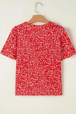 New Dear-Lover Boho Floral Printed Half Sleeve Knotted V Neck Blouse Red