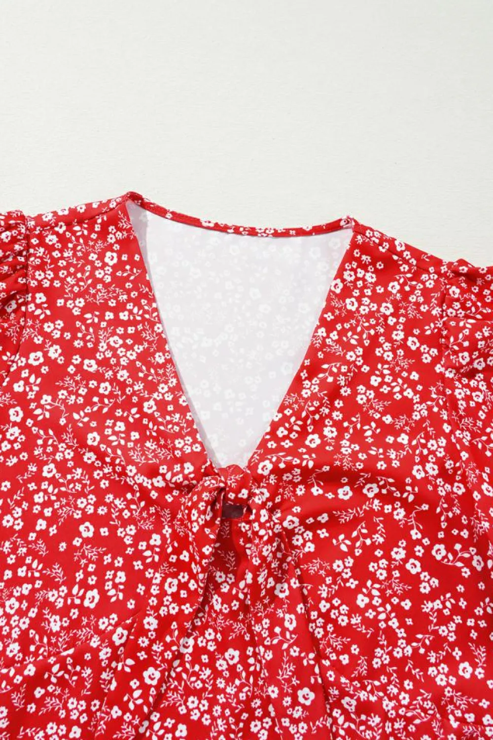 New Dear-Lover Boho Floral Printed Half Sleeve Knotted V Neck Blouse Red