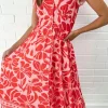 Discount Dear-Lover Boho Floral Short Sleeve V Neck Buttoned Shir Waist Long Dress Red