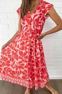 Discount Dear-Lover Boho Floral Short Sleeve V Neck Buttoned Shir Waist Long Dress Red