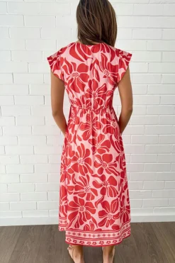Discount Dear-Lover Boho Floral Short Sleeve V Neck Buttoned Shir Waist Long Dress Red