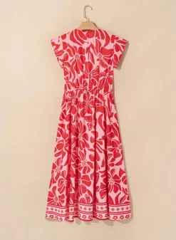 Discount Dear-Lover Boho Floral Short Sleeve V Neck Buttoned Shir Waist Long Dress Red