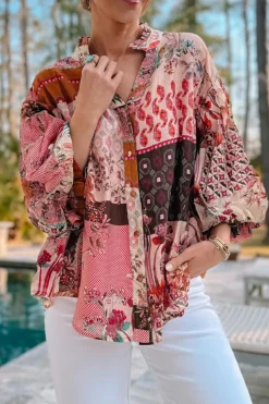 Outlet Dear-Lover Boho Geometric Mixed Print Patchwork Bubble Sleeve Shirt Red