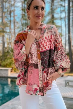 Outlet Dear-Lover Boho Geometric Mixed Print Patchwork Bubble Sleeve Shirt Red