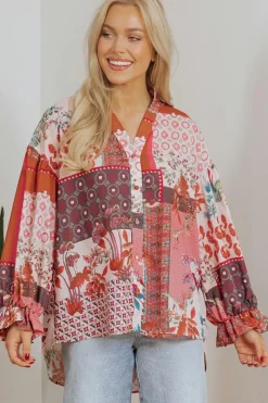 Outlet Dear-Lover Boho Geometric Mixed Print Patchwork Bubble Sleeve Shirt Red