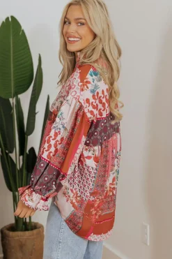 Outlet Dear-Lover Boho Geometric Mixed Print Patchwork Bubble Sleeve Shirt Red