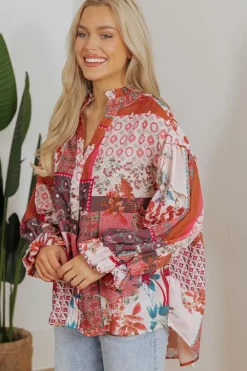 Outlet Dear-Lover Boho Geometric Mixed Print Patchwork Bubble Sleeve Shirt Red