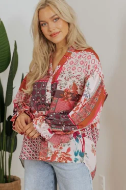 Outlet Dear-Lover Boho Geometric Mixed Print Patchwork Bubble Sleeve Shirt Red