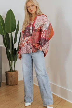Outlet Dear-Lover Boho Geometric Mixed Print Patchwork Bubble Sleeve Shirt Red