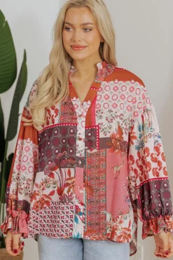 Outlet Dear-Lover Boho Geometric Mixed Print Patchwork Bubble Sleeve Shirt Red