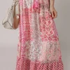 Outlet Dear-Lover Boho Pattern Print Tassel Drawstring High Waist Maxi Dress Red