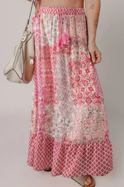 Outlet Dear-Lover Boho Pattern Print Tassel Drawstring High Waist Maxi Dress Red