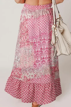 Outlet Dear-Lover Boho Pattern Print Tassel Drawstring High Waist Maxi Dress Red