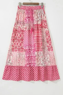 Outlet Dear-Lover Boho Pattern Print Tassel Drawstring High Waist Maxi Dress Red