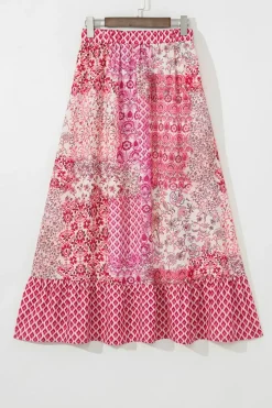 Outlet Dear-Lover Boho Pattern Print Tassel Drawstring High Waist Maxi Dress Red