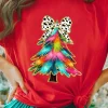 Fashion Dear-Lover Red Bow Decor Christmas Tree Graphic Holiday T Shirt Red-2