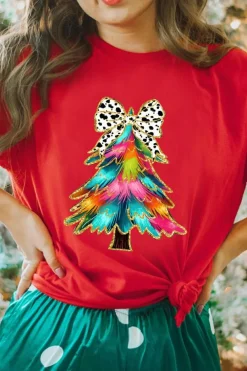 Fashion Dear-Lover Red Bow Decor Christmas Tree Graphic Holiday T Shirt Red-2