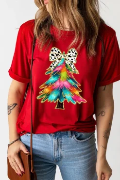 Fashion Dear-Lover Red Bow Decor Christmas Tree Graphic Holiday T Shirt Red-2