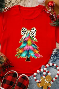 Fashion Dear-Lover Red Bow Decor Christmas Tree Graphic Holiday T Shirt Red-2