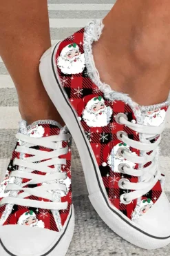 New Dear-Lover Buffalo Plaid Santa Claus Print Flat Canvas Shoes Red