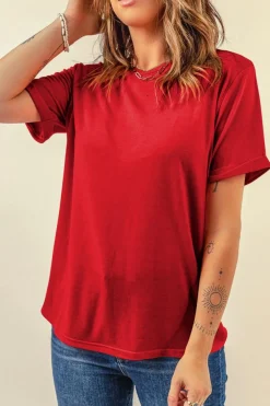 Outlet Dear-Lover Red Casual Plain Crew Neck Tee Red-2