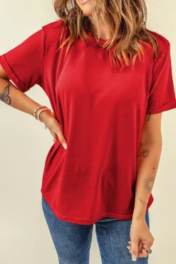 Outlet Dear-Lover Red Casual Plain Crew Neck Tee Red-2