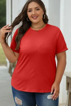 Outlet Dear-Lover Red Casual Plain Crew Neck Tee Red-2