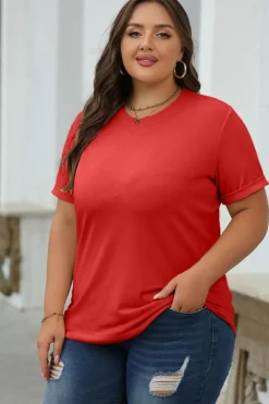 Outlet Dear-Lover Red Casual Plain Crew Neck Tee Red-2