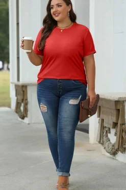 Outlet Dear-Lover Red Casual Plain Crew Neck Tee Red-2