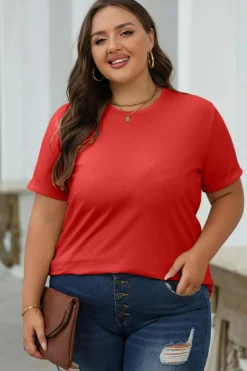 Outlet Dear-Lover Red Casual Plain Crew Neck Tee Red-2