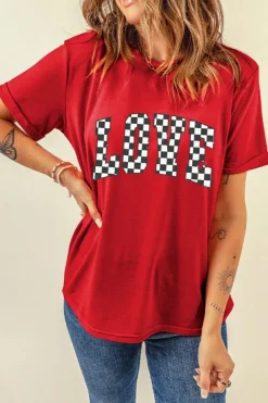 Clearance Dear-Lover Red Checkered LOVE Letter Graphic Valentines T Shirt Red-2