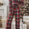 Best Dear-Lover Christmas Checke Pattern Loose Shirt and Pants Lounge Set Red