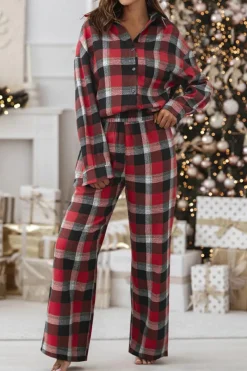 Best Dear-Lover Christmas Checke Pattern Loose Shirt and Pants Lounge Set Red