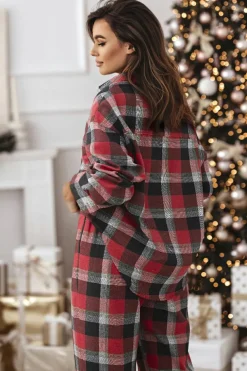 Best Dear-Lover Christmas Checke Pattern Loose Shirt and Pants Lounge Set Red
